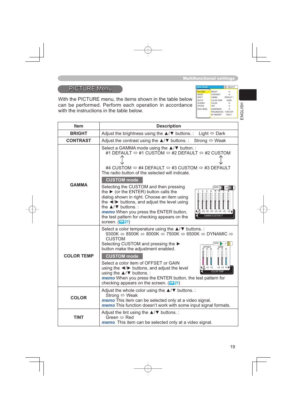 Picture menu | Hitachi PJ-TX100 User Manual | Page 19 / 50