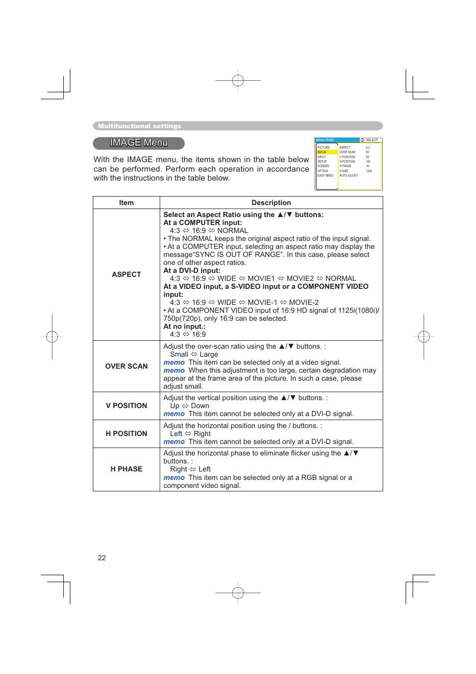 Image menu | Hitachi PJ-TX100 User Manual | Page 22 / 50