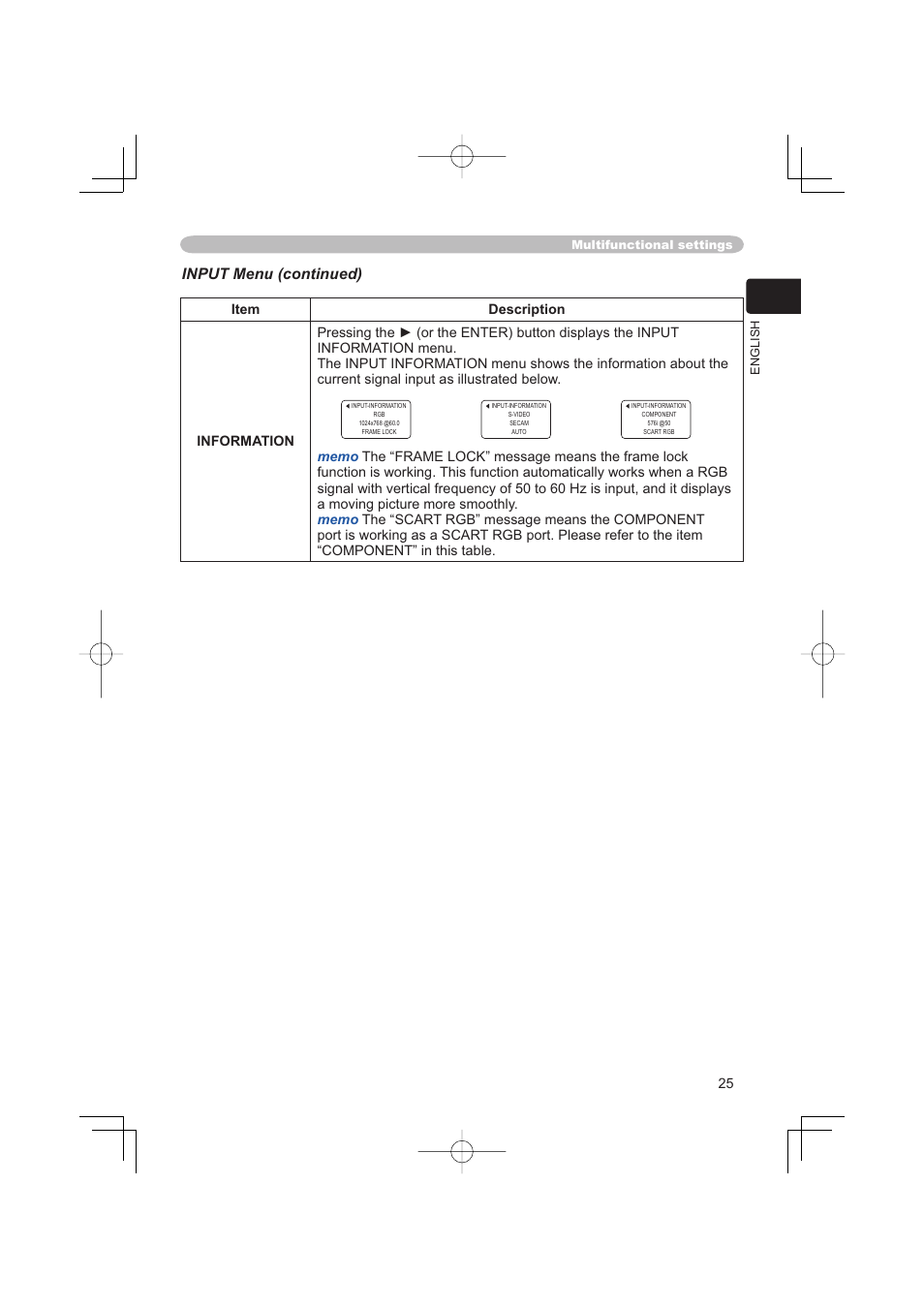 Input menu (continued) | Hitachi PJ-TX100 User Manual | Page 25 / 50