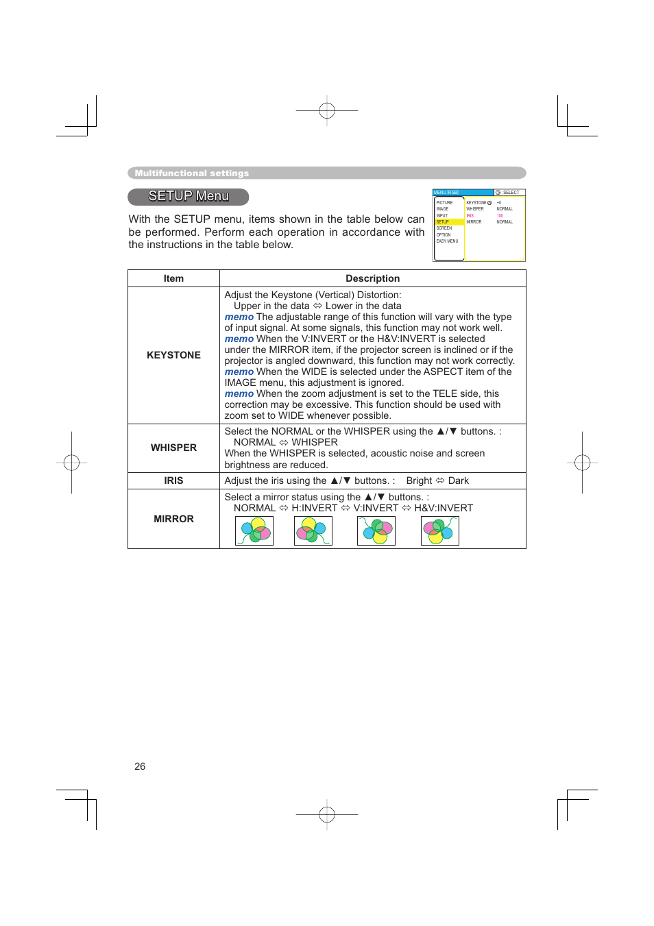 Setup menu | Hitachi PJ-TX100 User Manual | Page 26 / 50