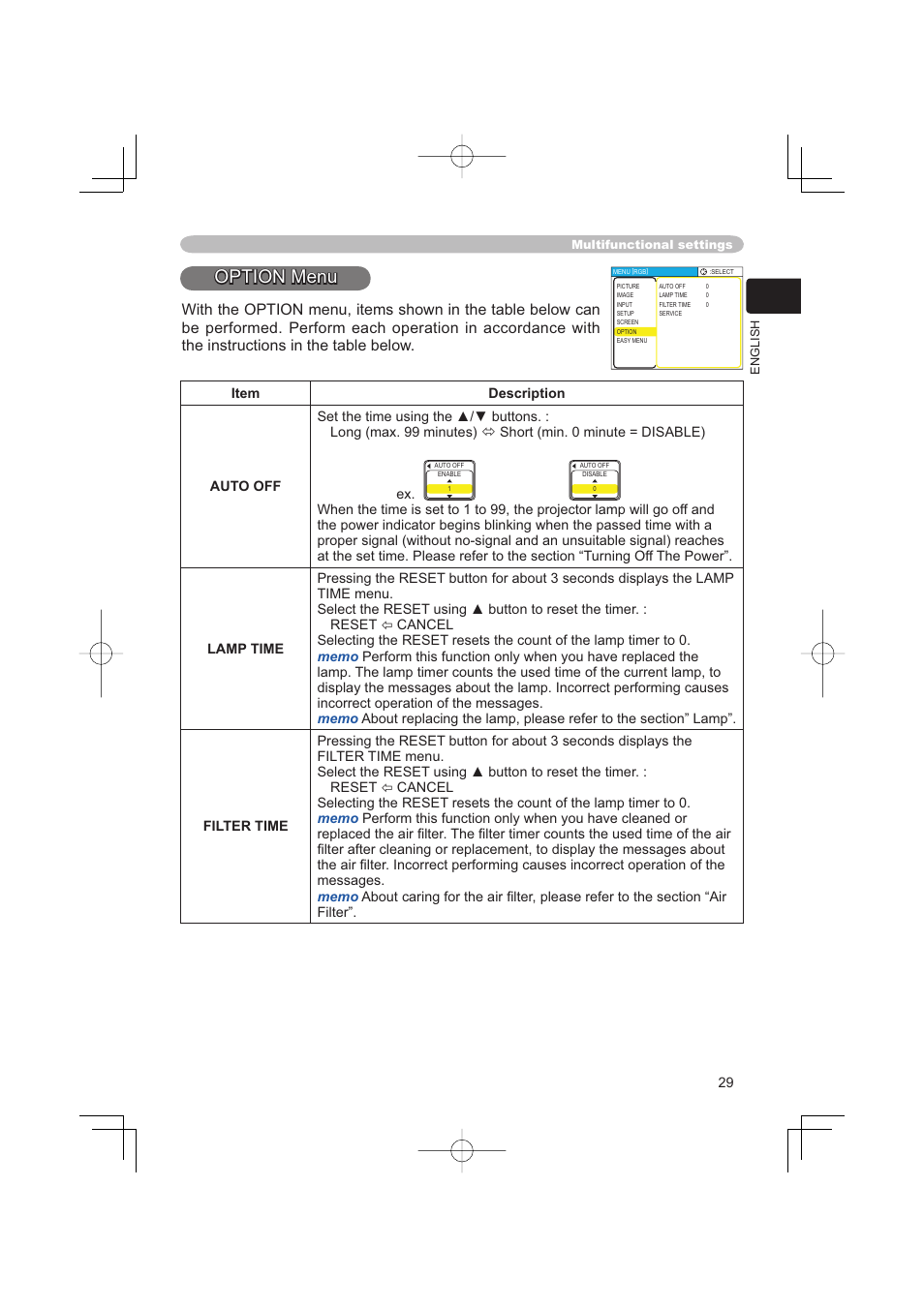 Option menu | Hitachi PJ-TX100 User Manual | Page 29 / 50