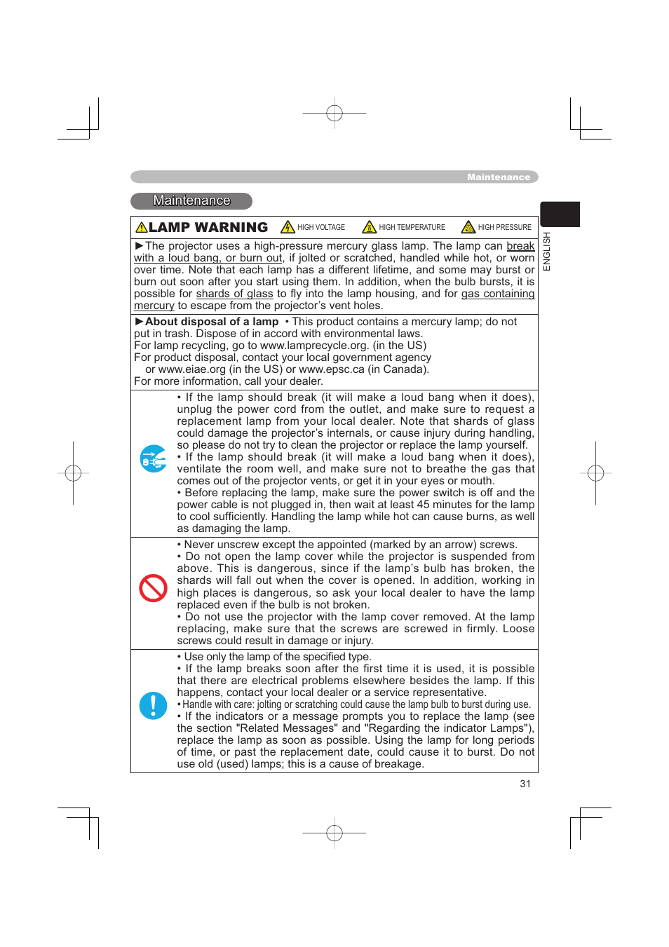 Maintenance, Maintenance lamp warning | Hitachi PJ-TX100 User Manual | Page 31 / 50