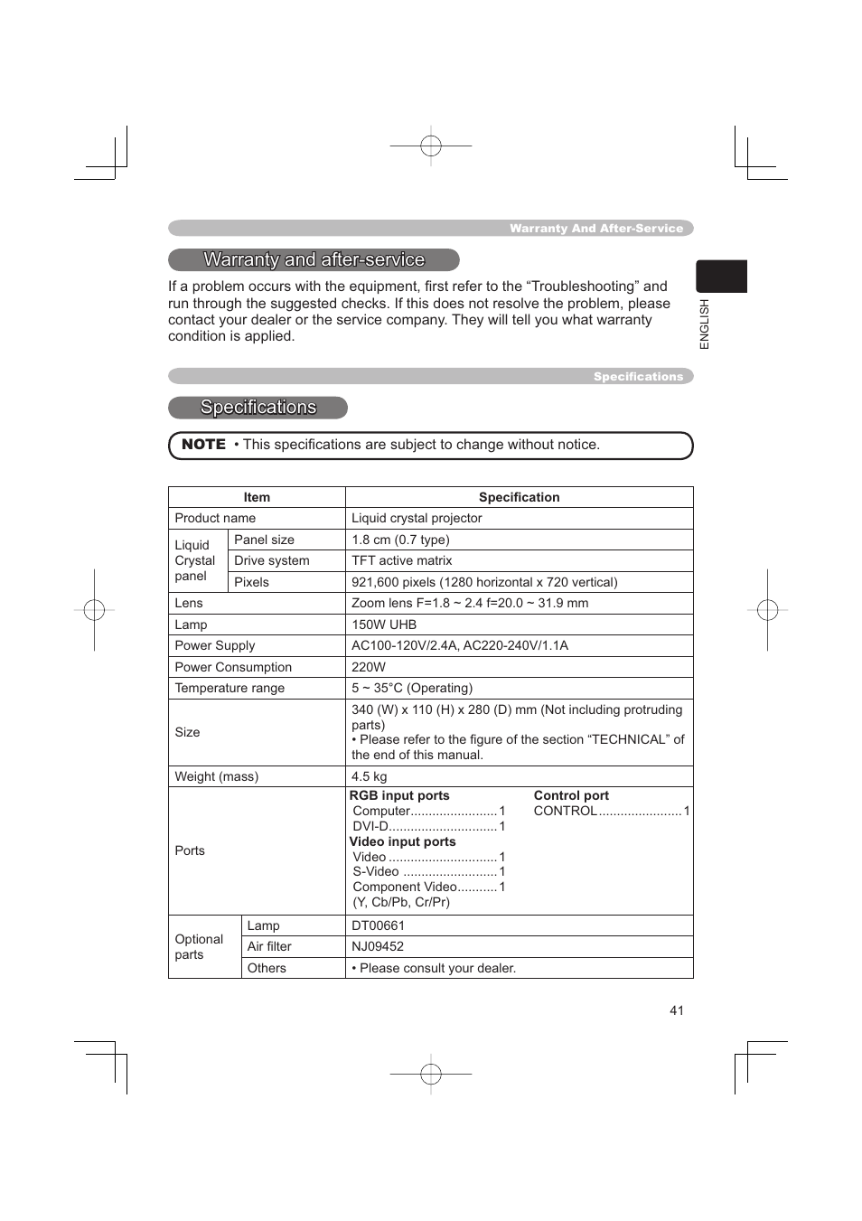 Warranty and after-service, Speciﬁ cations | Hitachi PJ-TX100 User Manual | Page 41 / 50