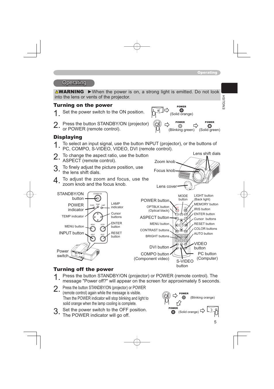 Operating, Turning on the power, Displaying | Turning off the power, Set the power switch to the on position | Hitachi PJ-TX100 User Manual | Page 47 / 50