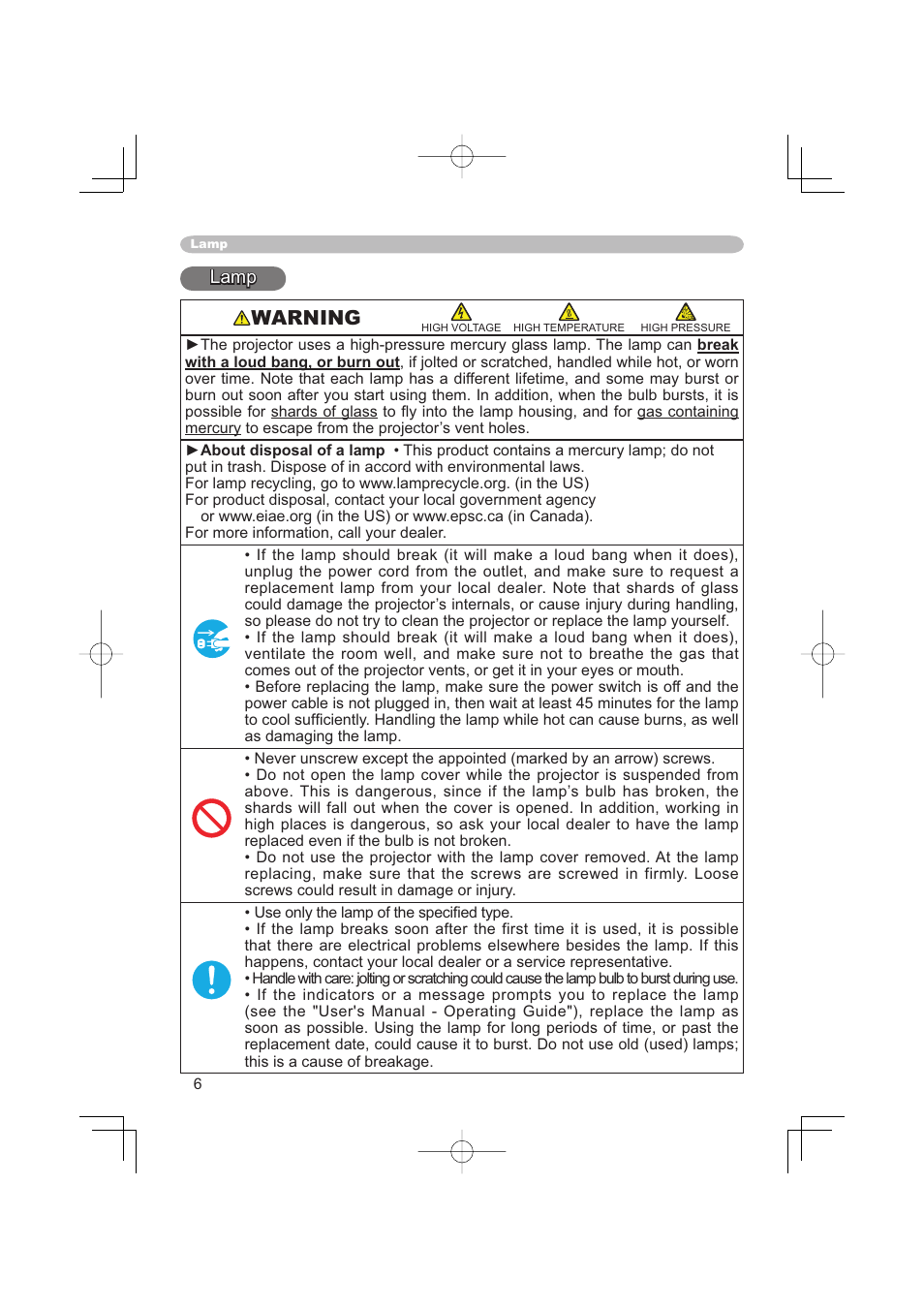 Warning, Lamp | Hitachi PJ-TX100 User Manual | Page 48 / 50