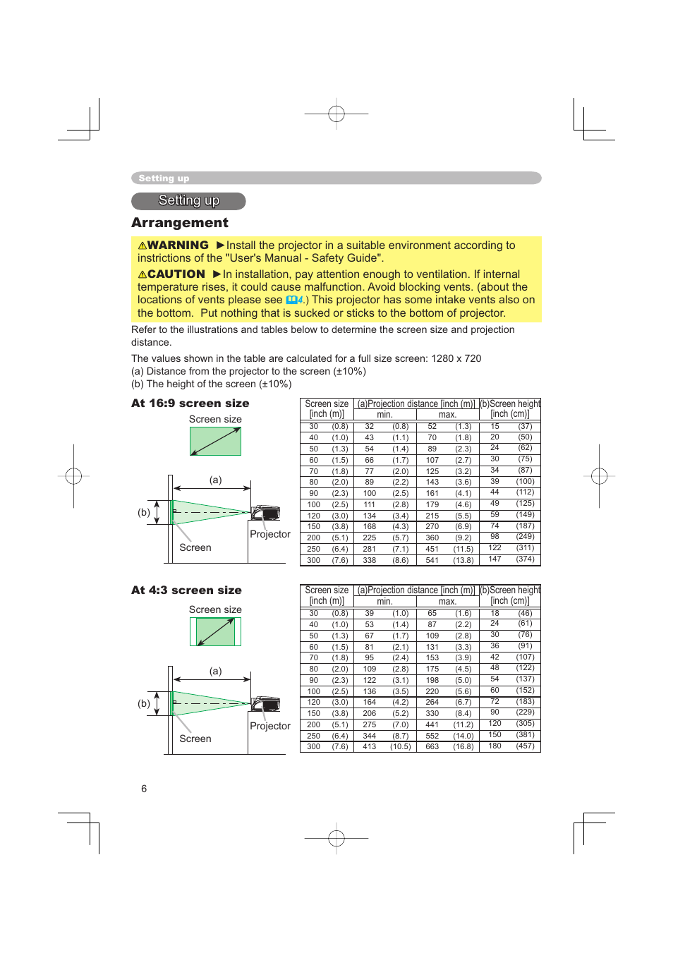 Setting up, Setting up arrangement, At 4:3 screen size | At 16:9 screen size | Hitachi PJ-TX100 User Manual | Page 6 / 50