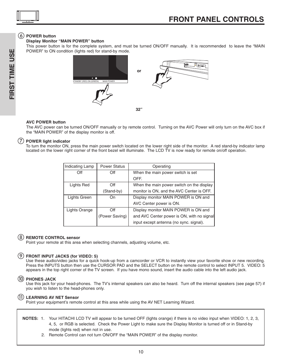 Front panel controls, First time use | Hitachi 32HDL51 User Manual | Page 10 / 100
