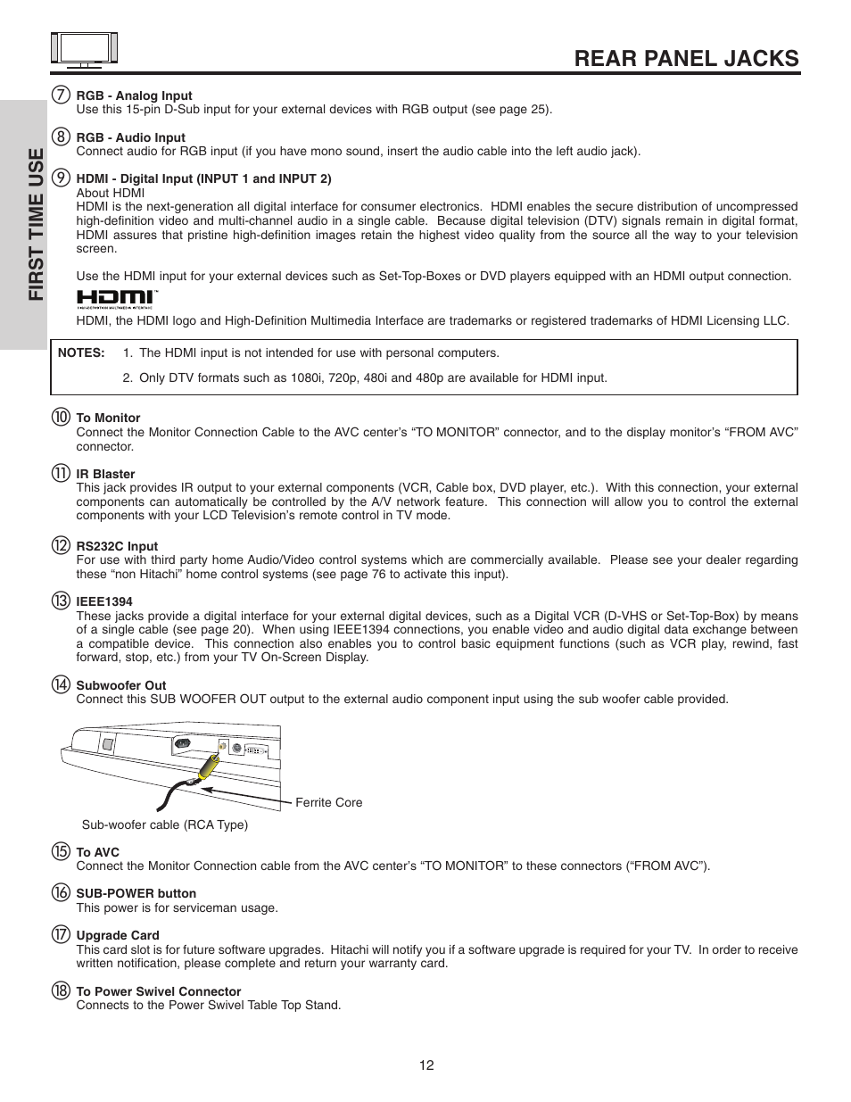 Rear panel jacks, First time use | Hitachi 32HDL51 User Manual | Page 12 / 100