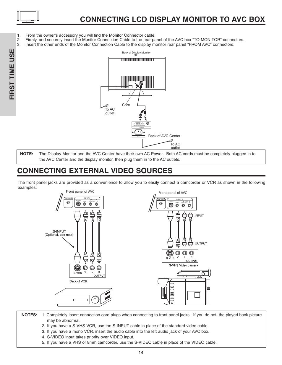 Connecting lcd display monitor to avc box, Connecting external video sources, First time use | Hitachi 32HDL51 User Manual | Page 14 / 100