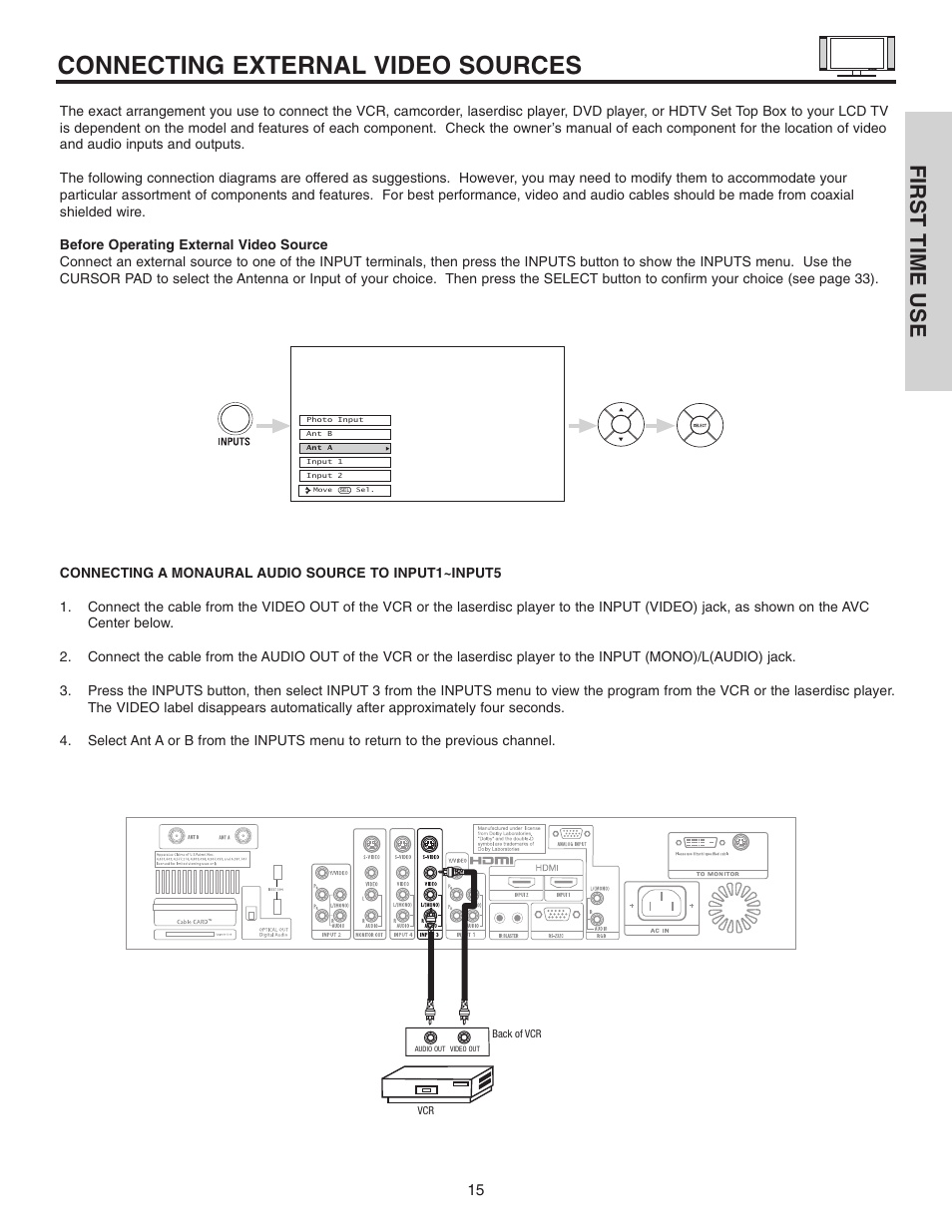 Connecting external video sources, First time use | Hitachi 32HDL51 User Manual | Page 15 / 100