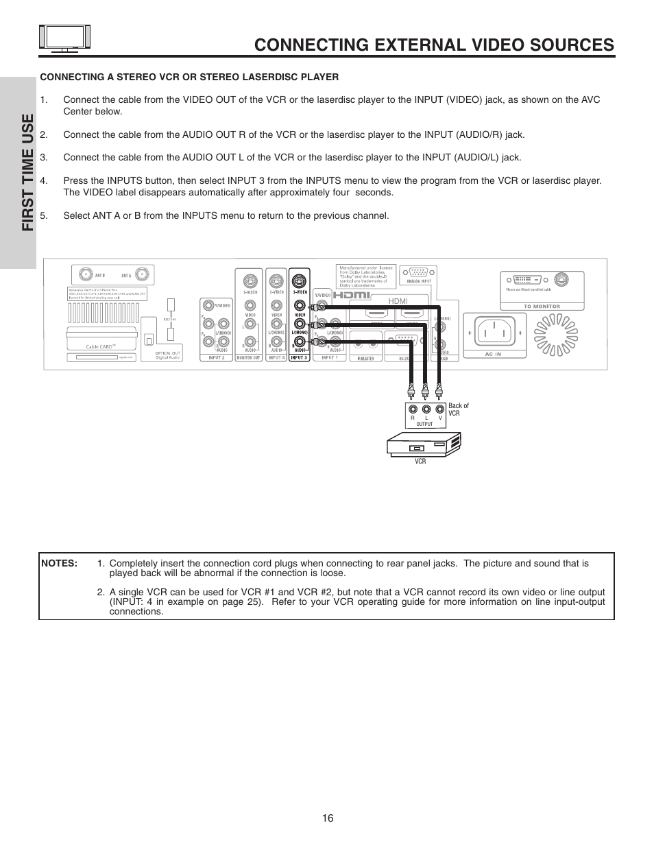 Connecting external video sources, First time use | Hitachi 32HDL51 User Manual | Page 16 / 100