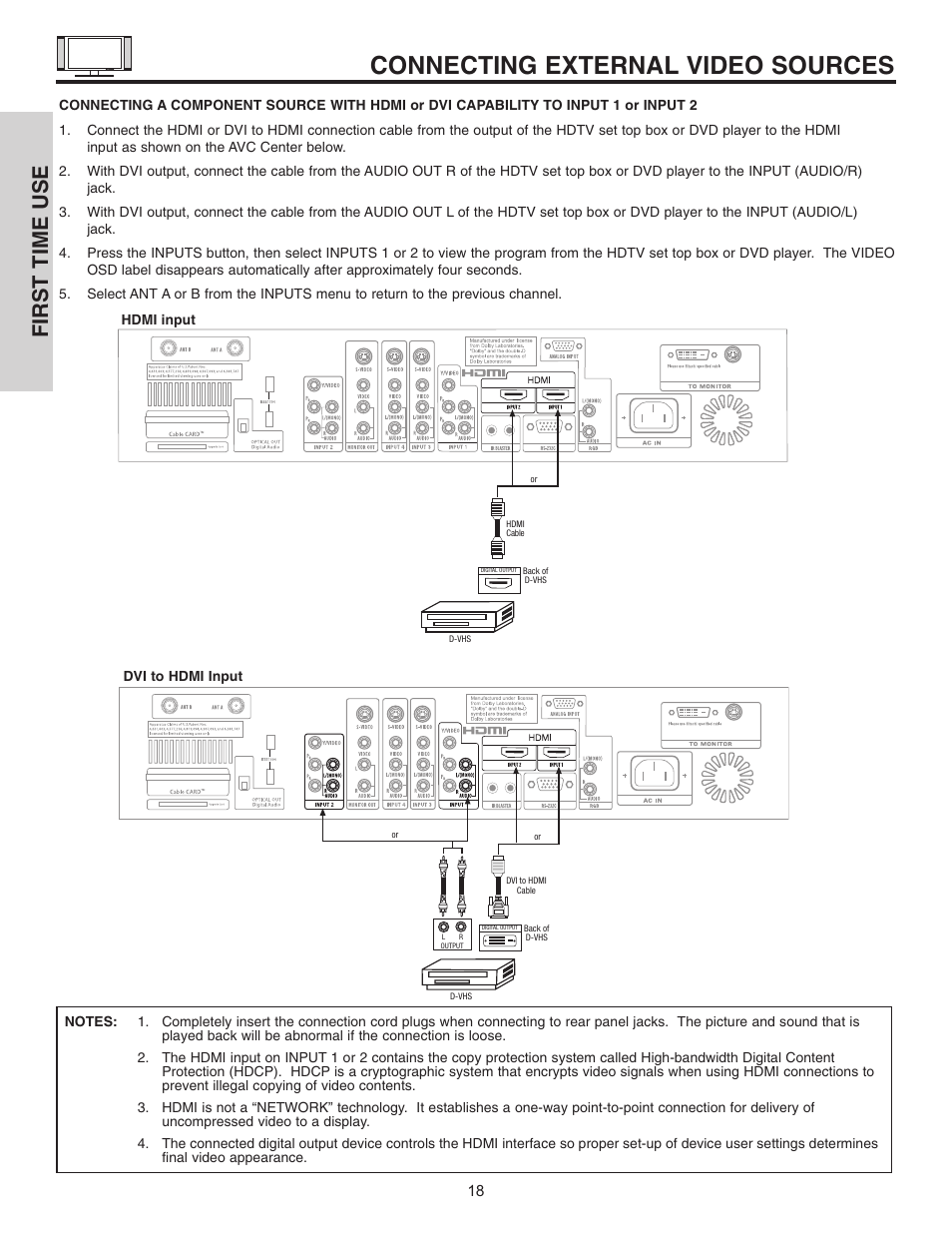 Connecting external video sources, First time use | Hitachi 32HDL51 User Manual | Page 18 / 100