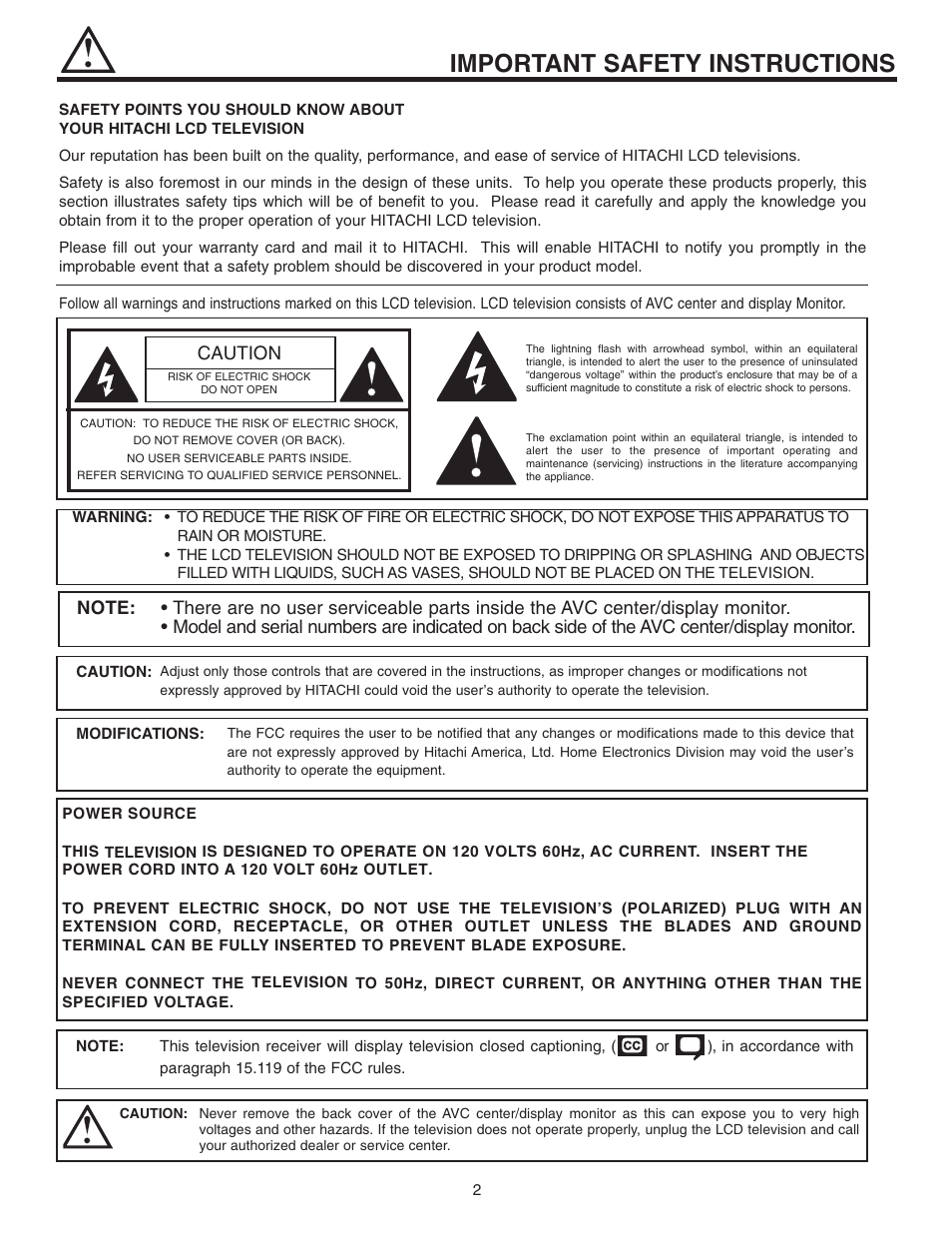 Important safety instructions, Caution | Hitachi 32HDL51 User Manual | Page 2 / 100