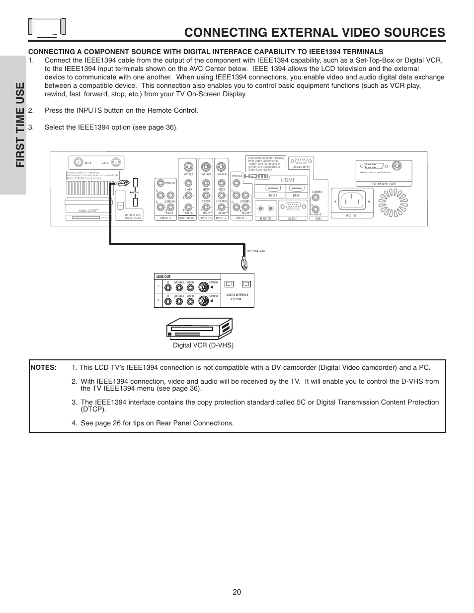 Connecting external video sources, First time use | Hitachi 32HDL51 User Manual | Page 20 / 100