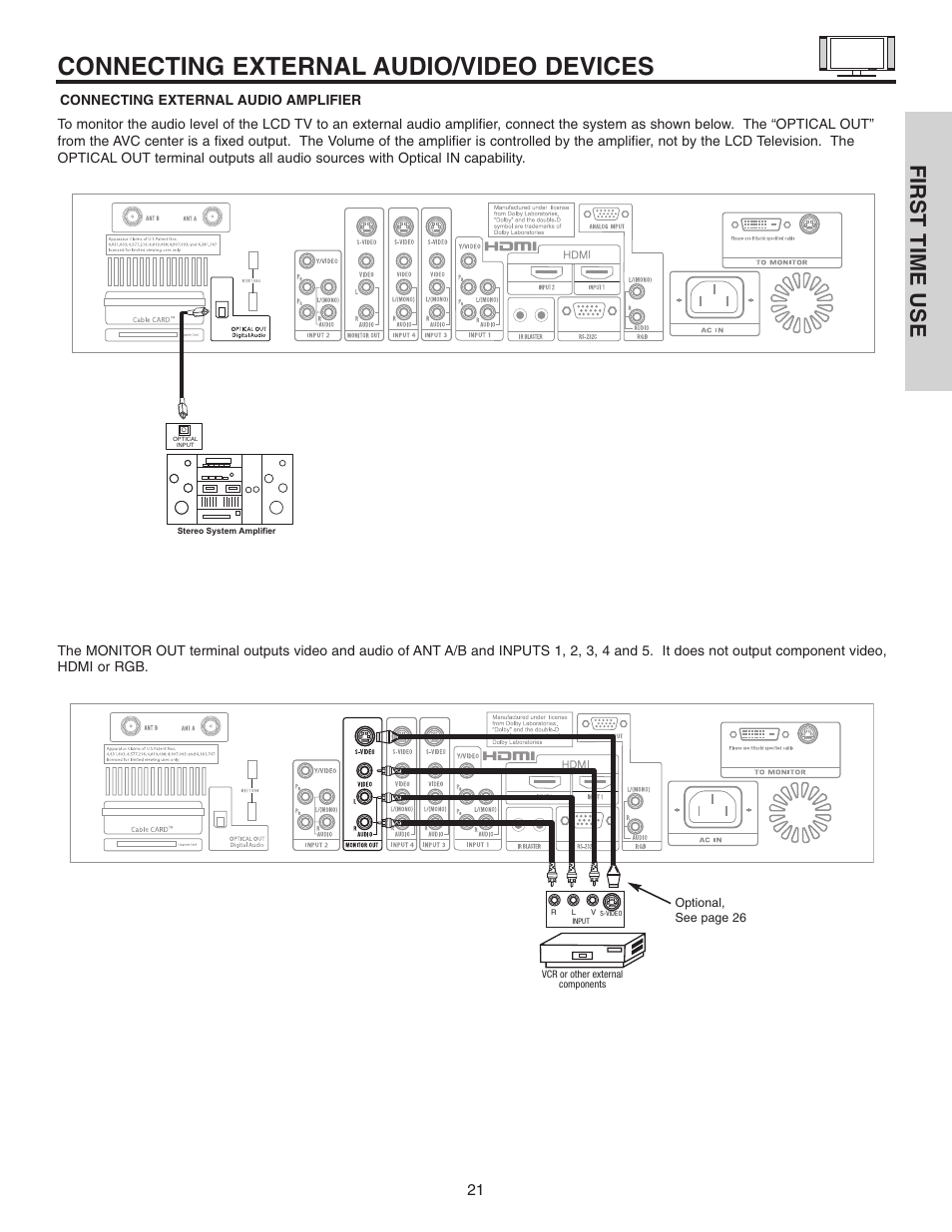 Connecting external audio/video devices, First time use | Hitachi 32HDL51 User Manual | Page 21 / 100