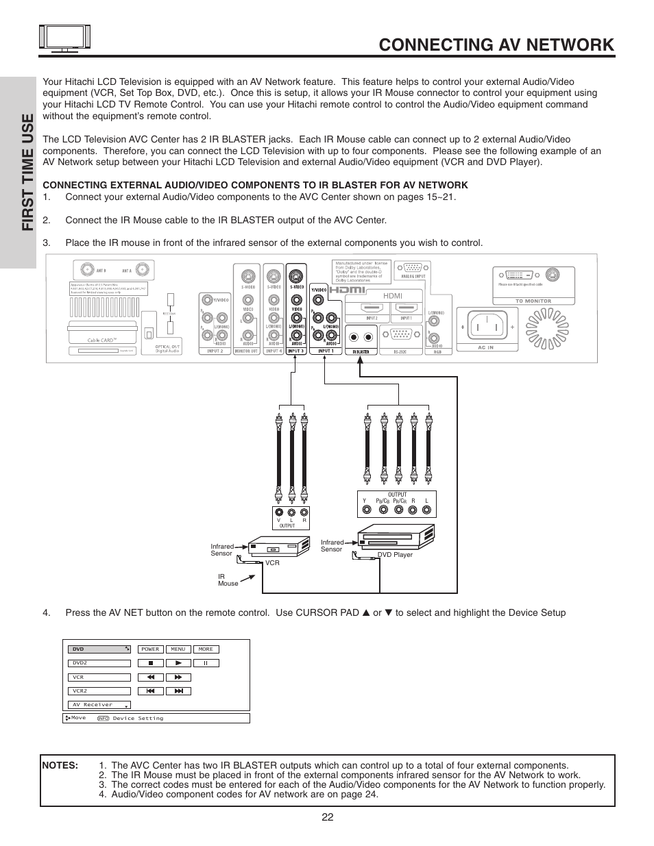 Connecting av network, First time use | Hitachi 32HDL51 User Manual | Page 22 / 100