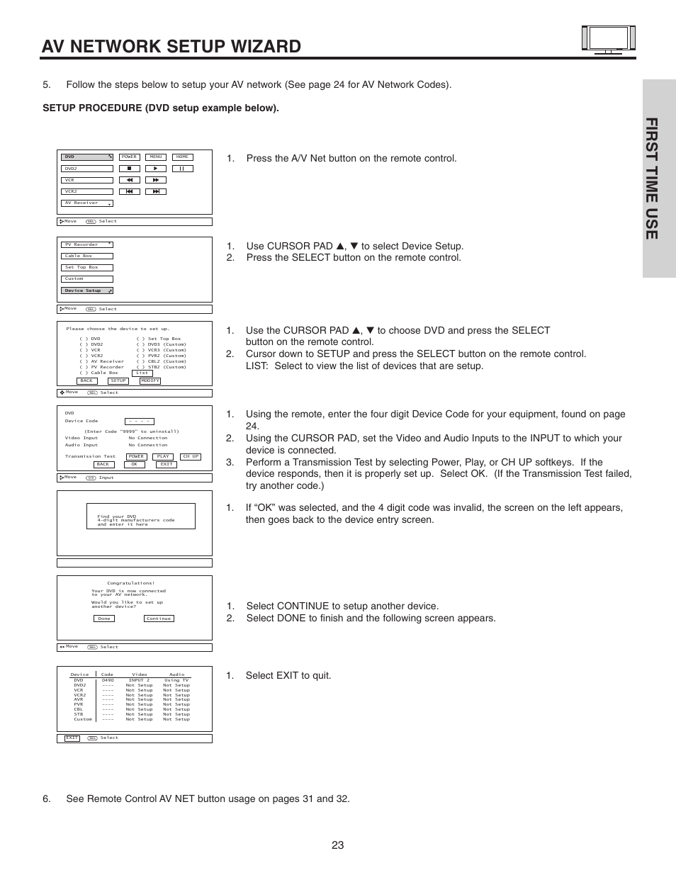 Av network setup wizard, First time use | Hitachi 32HDL51 User Manual | Page 23 / 100