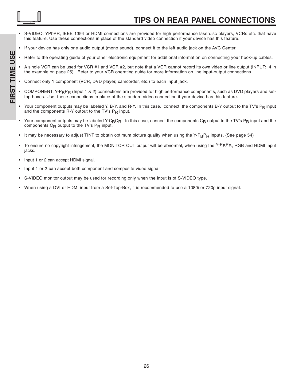 Tips on rear panel connections, First time use | Hitachi 32HDL51 User Manual | Page 26 / 100