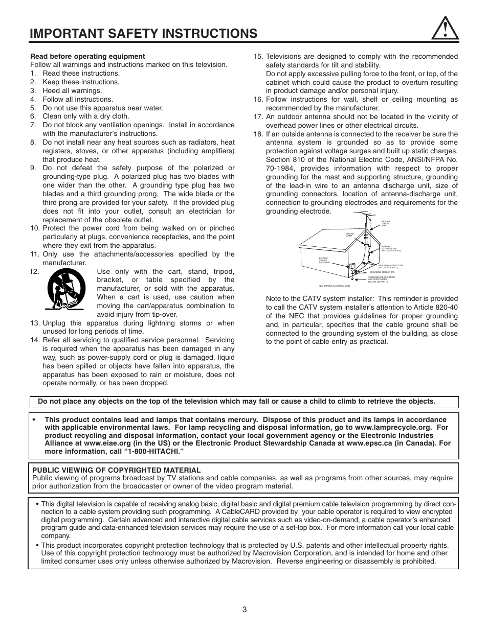 Important safety instructions | Hitachi 32HDL51 User Manual | Page 3 / 100