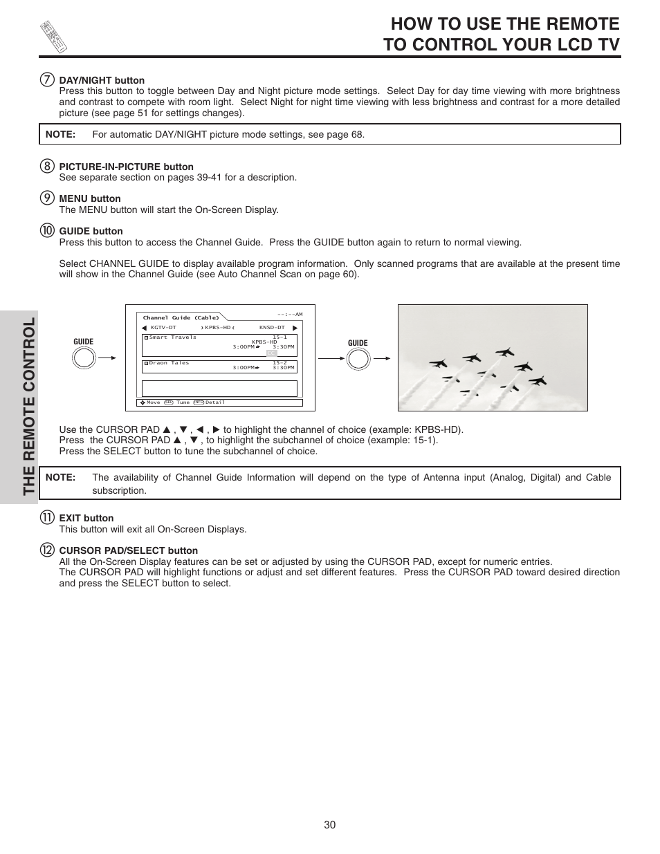 How to use the remote to control your lcd tv, The remote control | Hitachi 32HDL51 User Manual | Page 30 / 100