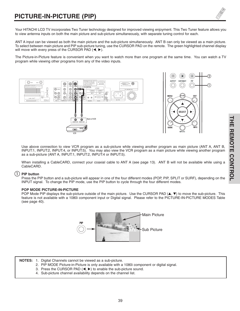 Picture-in-picture (pip), The remote control | Hitachi 32HDL51 User Manual | Page 39 / 100