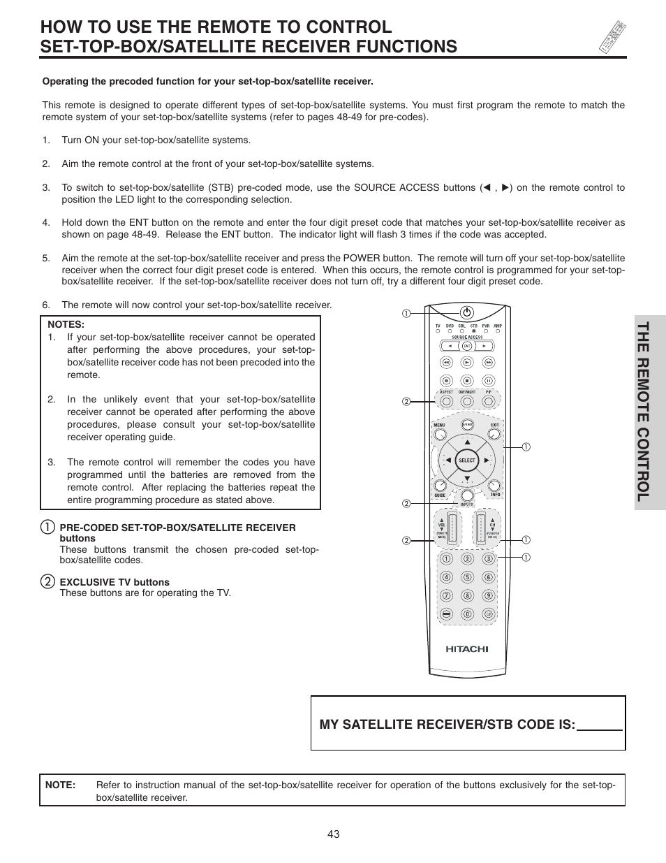 The remote control, My satellite receiver/stb code is | Hitachi 32HDL51 User Manual | Page 43 / 100