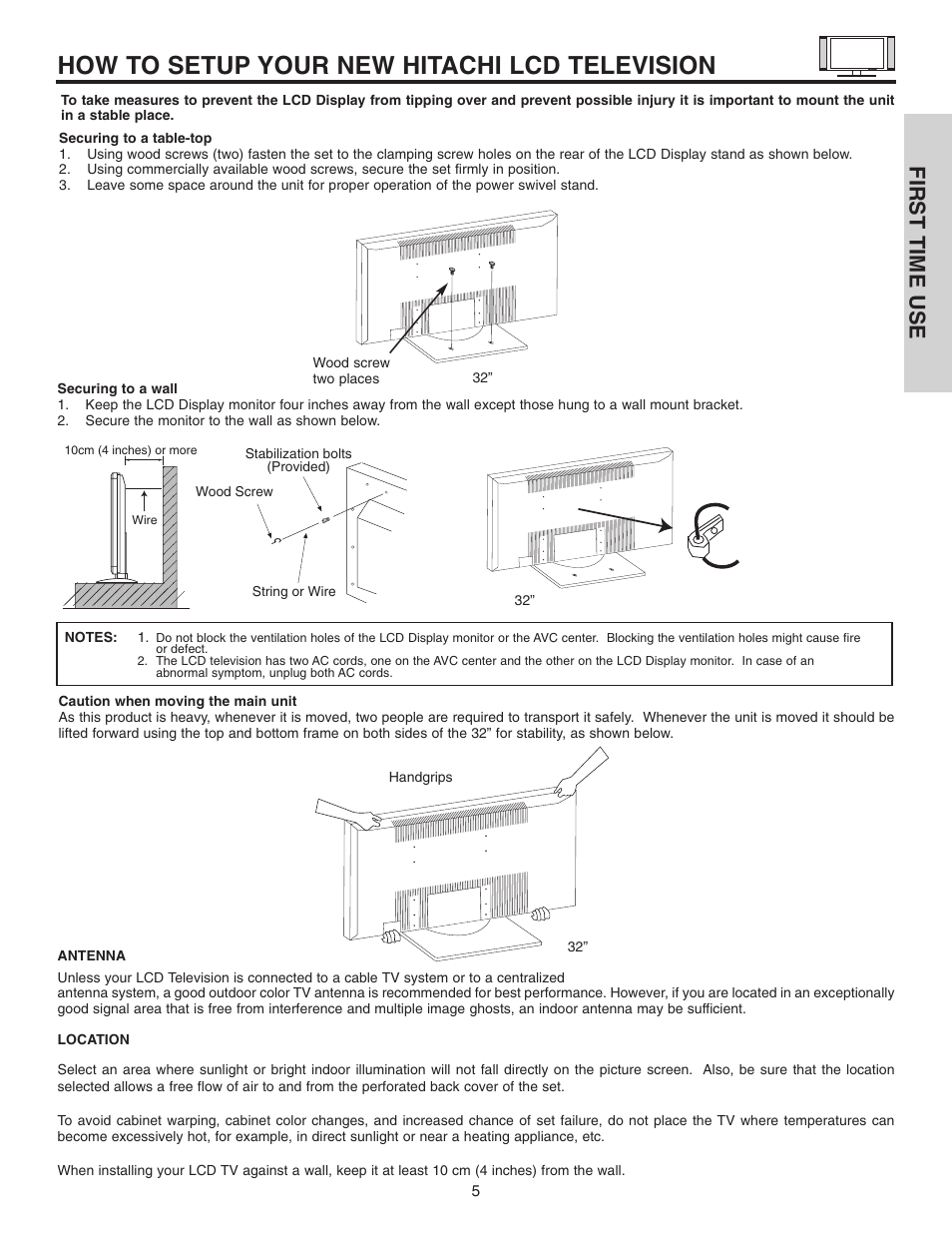 How to setup your new hitachi lcd television, First time use | Hitachi 32HDL51 User Manual | Page 5 / 100