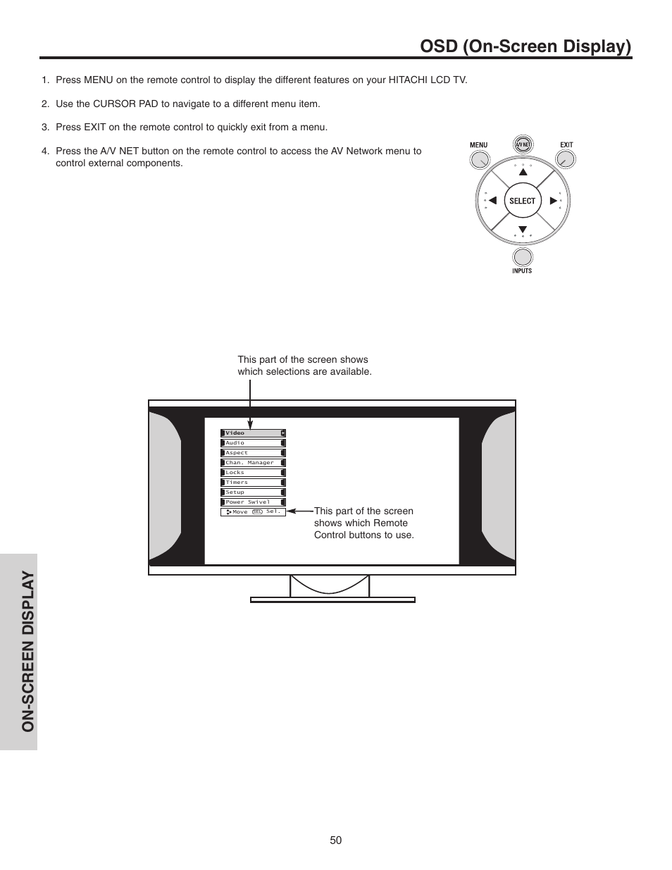 Osd (on-screen display), On-screen displa y | Hitachi 32HDL51 User Manual | Page 50 / 100