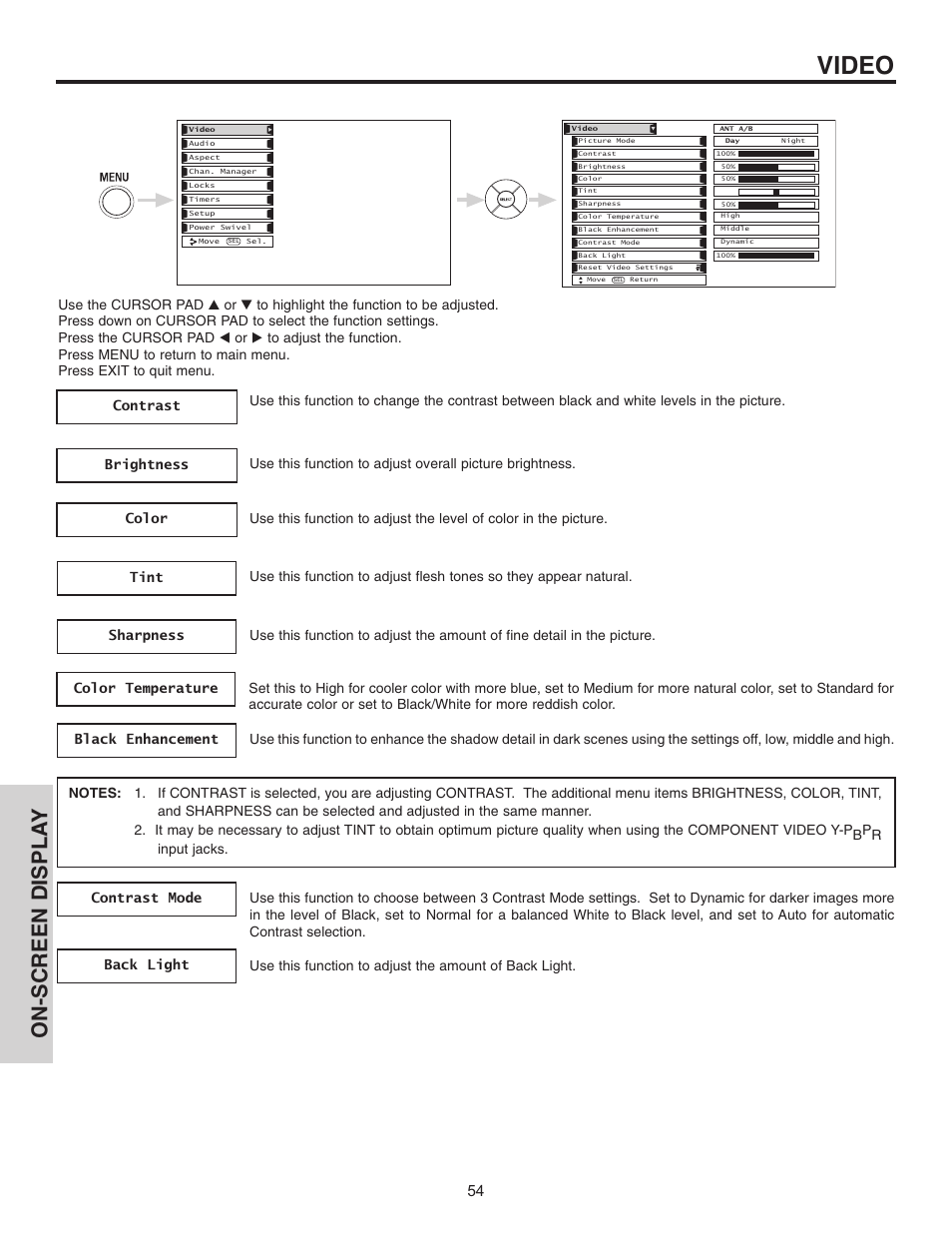 Video, On-screen displa y | Hitachi 32HDL51 User Manual | Page 54 / 100