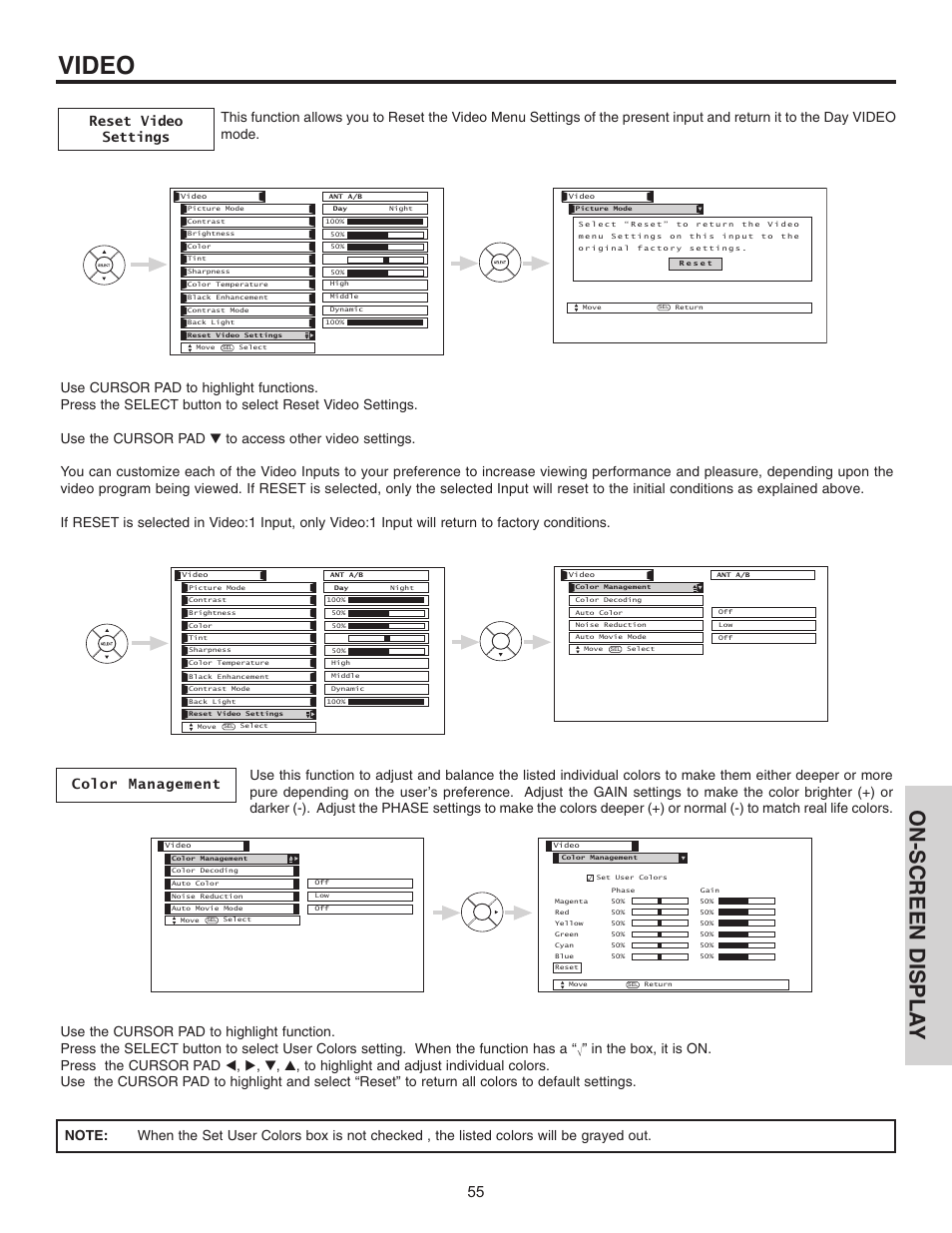 Video, On-screen displa y | Hitachi 32HDL51 User Manual | Page 55 / 100