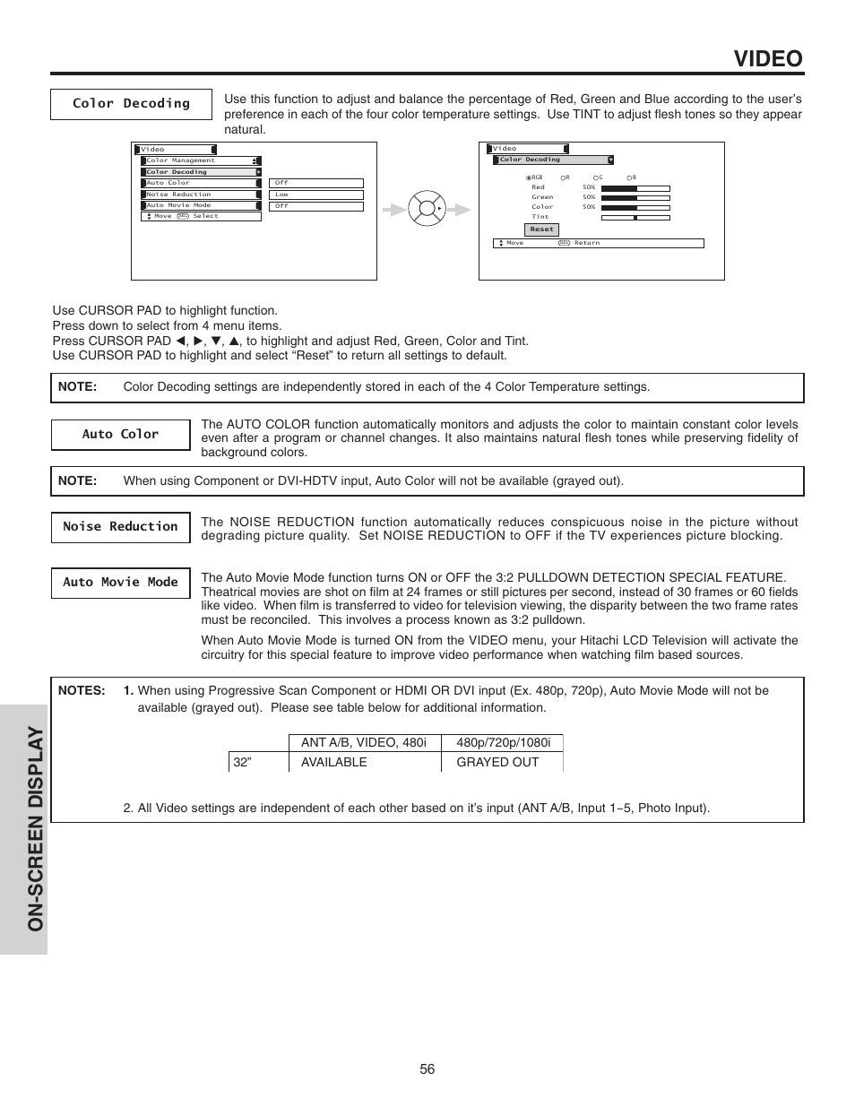 Video, On-screen displa y | Hitachi 32HDL51 User Manual | Page 56 / 100