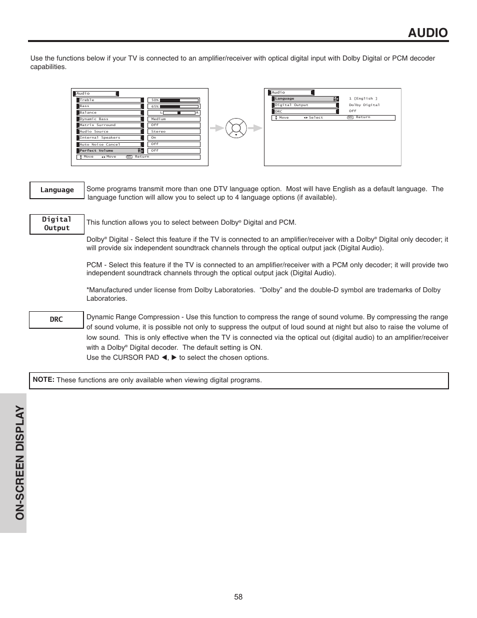 Audio, On-screen displa y, Digital and pcm. dolby | Hitachi 32HDL51 User Manual | Page 58 / 100