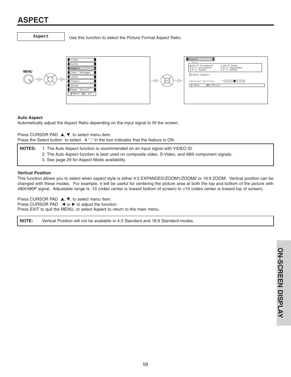 Aspect, On-screen displa y | Hitachi 32HDL51 User Manual | Page 59 / 100