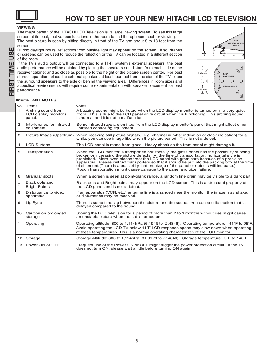 How to set up your new hitachi lcd television, First time use | Hitachi 32HDL51 User Manual | Page 6 / 100