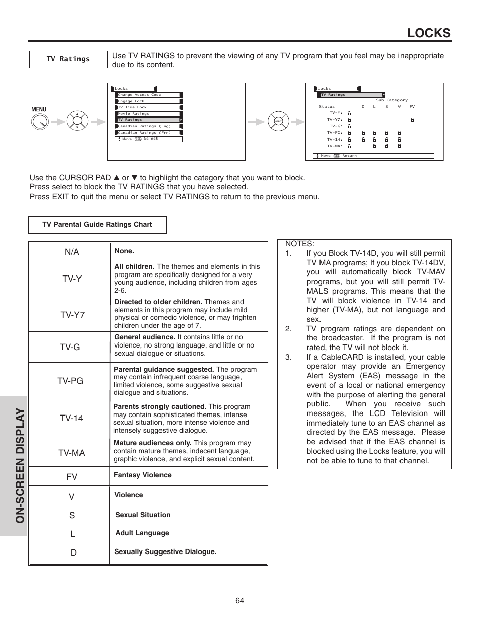 Locks, On-screen displa y, Tv-y tv-y7 tv-g tv-pg tv-14 tv-ma | Hitachi 32HDL51 User Manual | Page 64 / 100