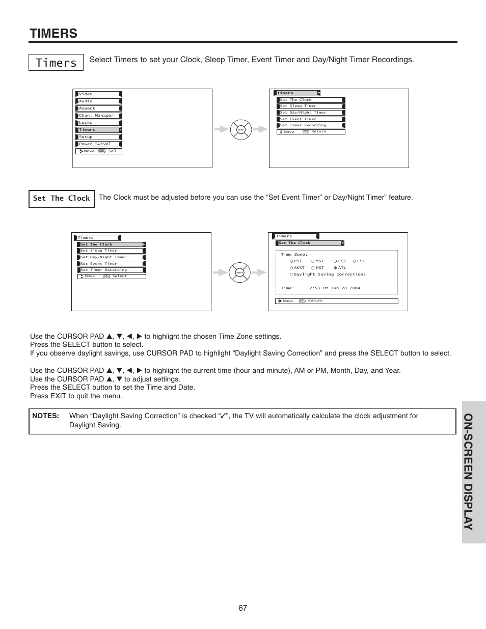 Timers, On-screen displa y, Set the clock | Hitachi 32HDL51 User Manual | Page 67 / 100