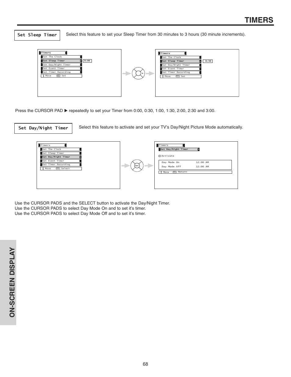 Timers, On-screen displa y | Hitachi 32HDL51 User Manual | Page 68 / 100