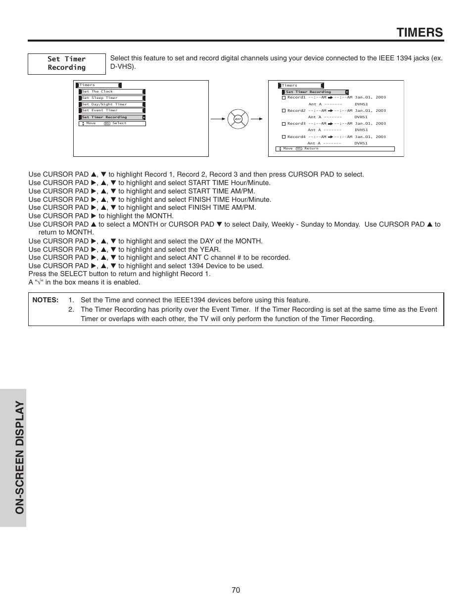 Timers, On-screen displa y | Hitachi 32HDL51 User Manual | Page 70 / 100