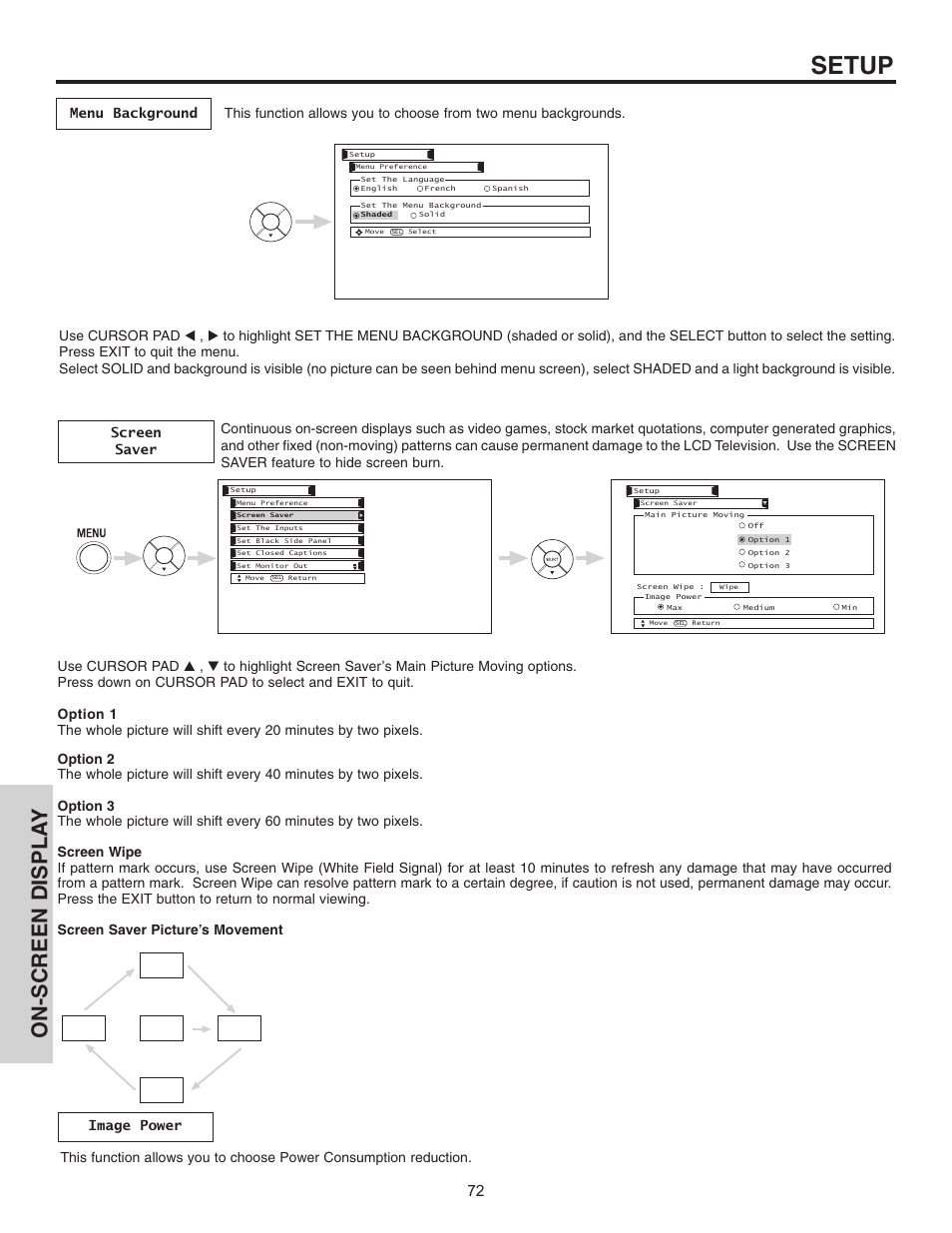 Setup, On-screen displa y | Hitachi 32HDL51 User Manual | Page 72 / 100