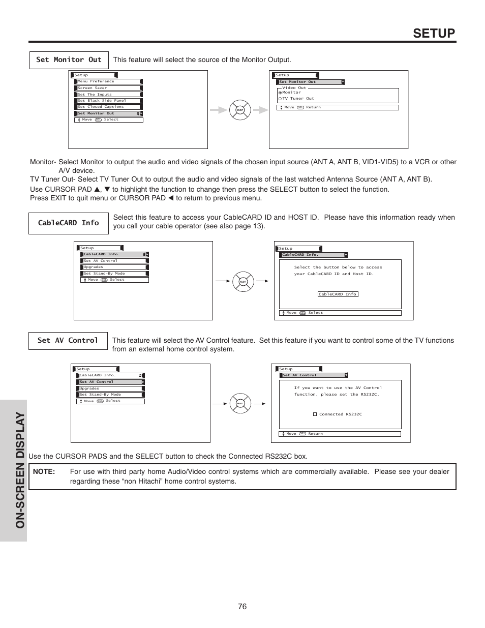 Setup, On-screen displa y | Hitachi 32HDL51 User Manual | Page 76 / 100