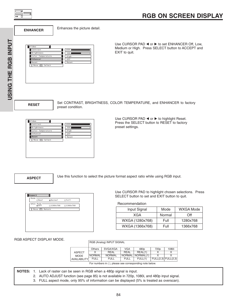 Rgb on screen display, Using the rgb input | Hitachi 32HDL51 User Manual | Page 84 / 100