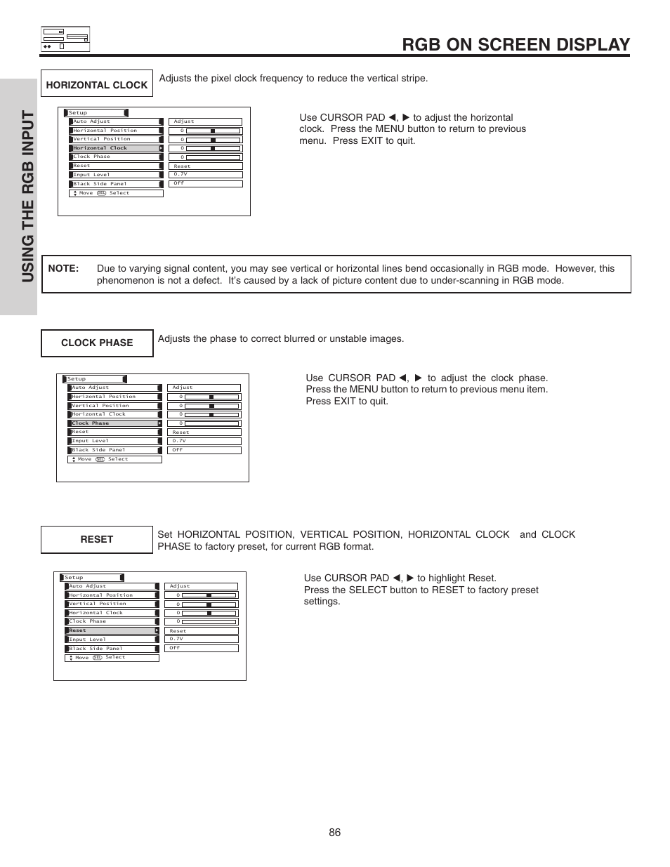 Rgb on screen display, Using the rgb input | Hitachi 32HDL51 User Manual | Page 86 / 100