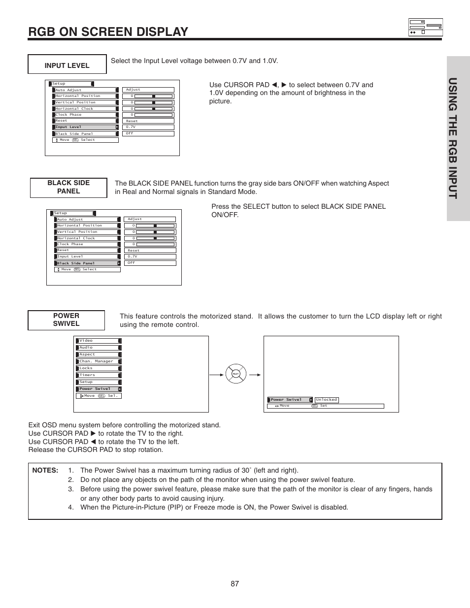 Rgb on screen display, Using the rgb input | Hitachi 32HDL51 User Manual | Page 87 / 100