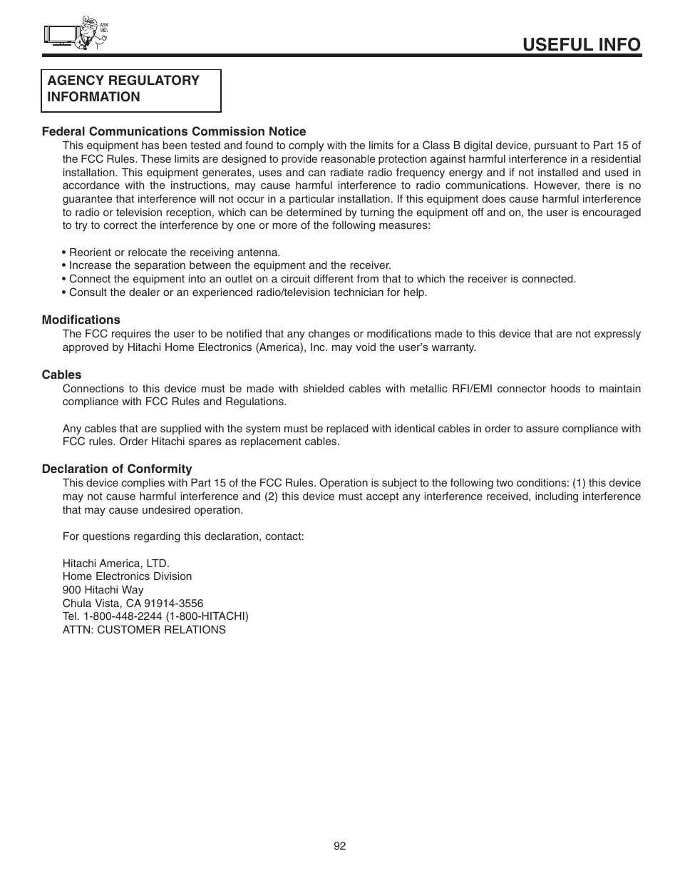 Useful info | Hitachi 32HDL51 User Manual | Page 92 / 100