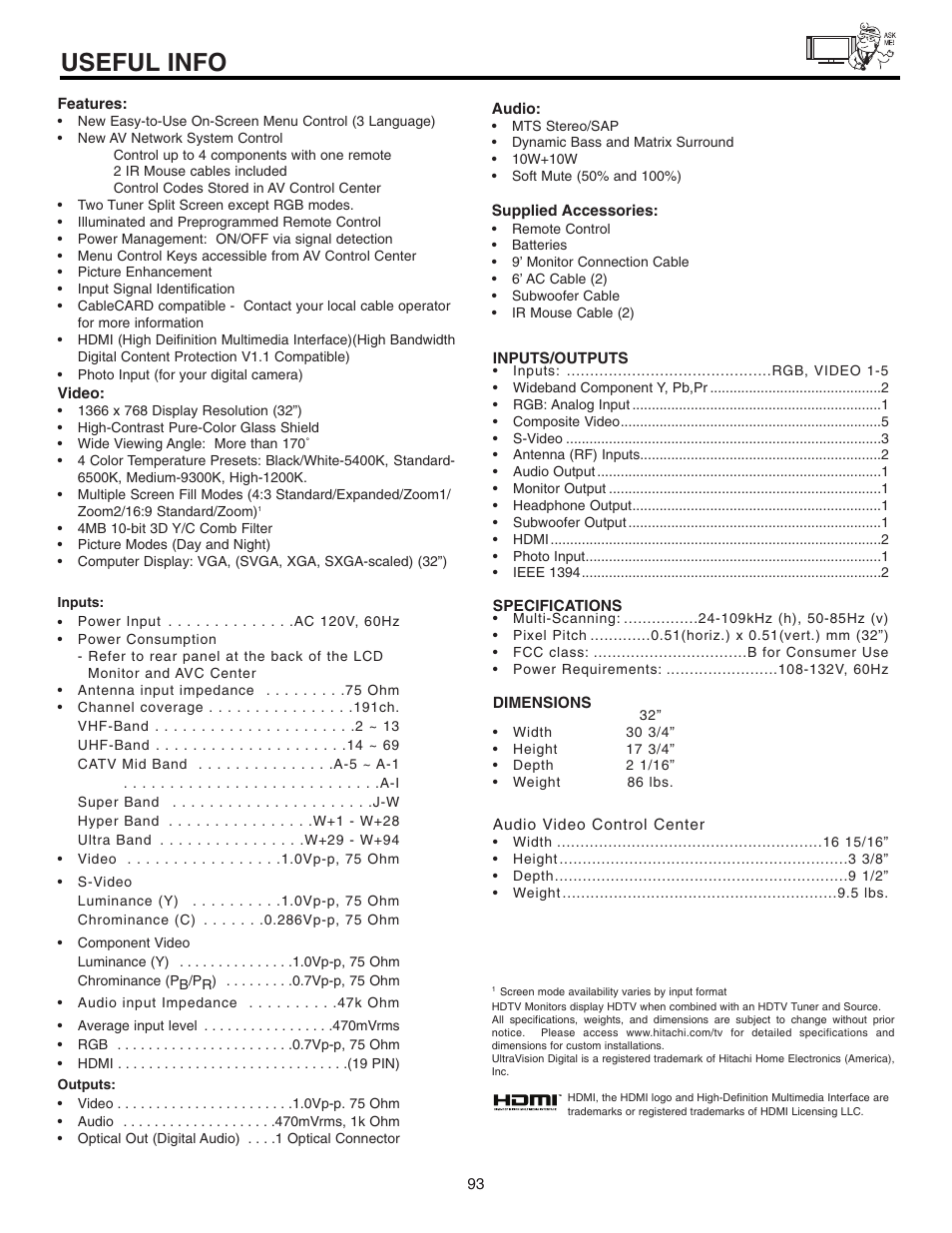 Useful info | Hitachi 32HDL51 User Manual | Page 93 / 100