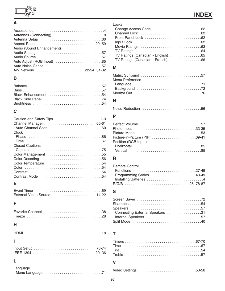 Index | Hitachi 32HDL51 User Manual | Page 96 / 100