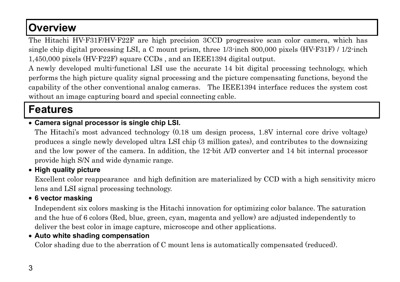 Overview, Features | Hitachi HV-F31F User Manual | Page 17 / 60