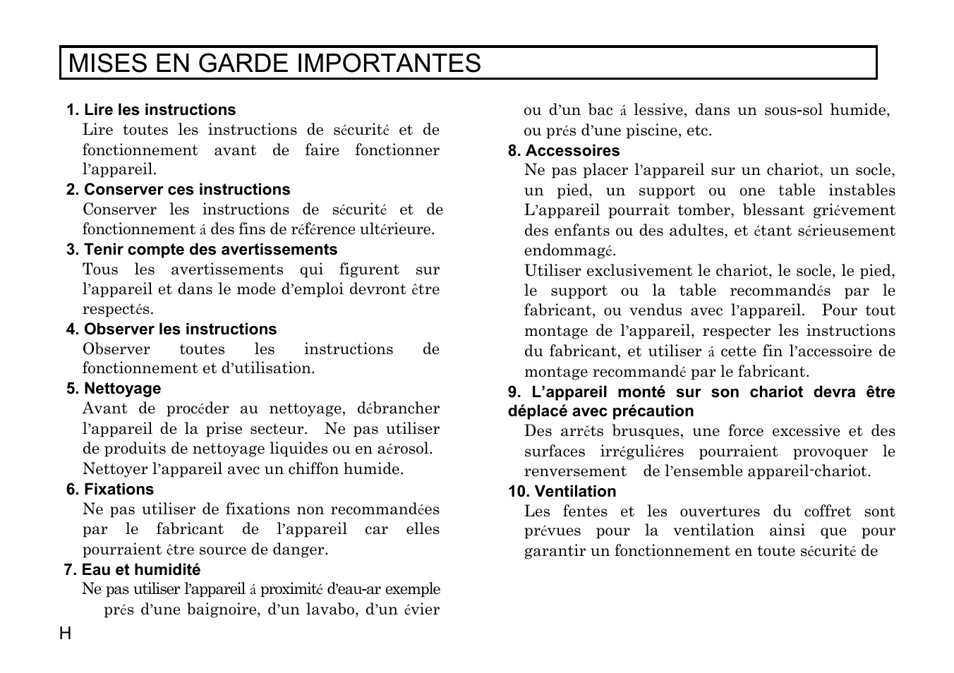 Mises en garde importantes | Hitachi HV-F31F User Manual | Page 9 / 60