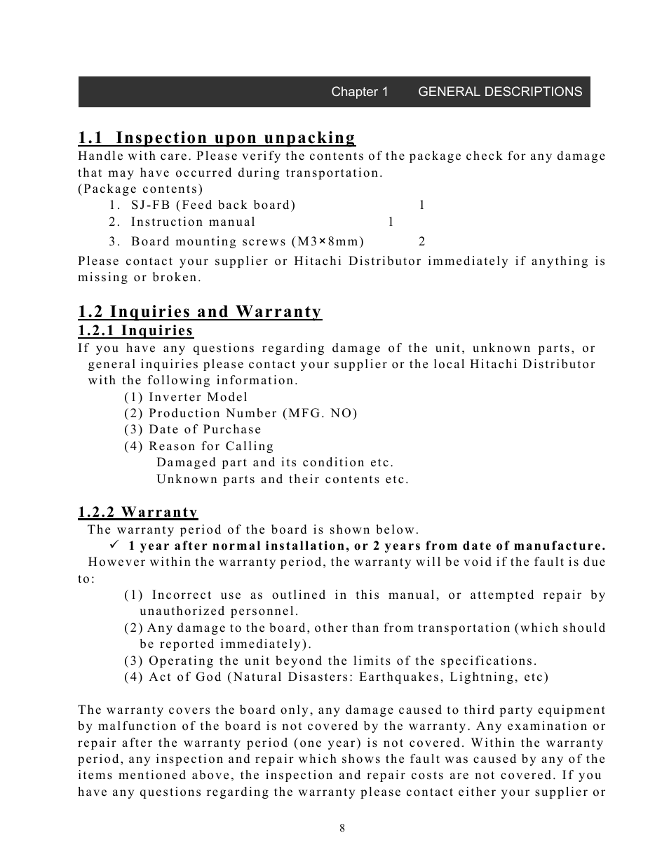 1 inspection upon unpacking, 2 inquiries and warranty | Hitachi SJ-FB User Manual | Page 8 / 35
