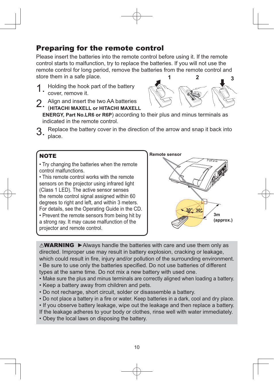 Preparing for the remote control | Hitachi CP-AW252WN User Manual | Page 10 / 22